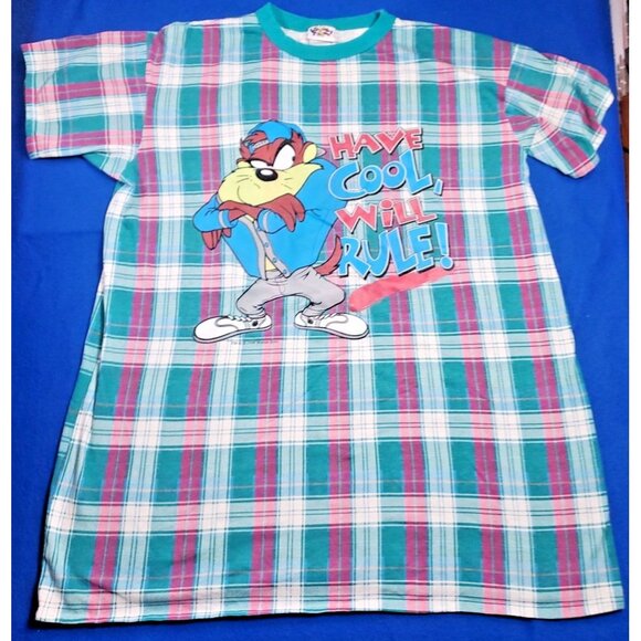Vintage 90s Looney Tunes Tasmanian Devil (Taz) Plaid Sleep Shirt Men's XL - Picture 1 of 15